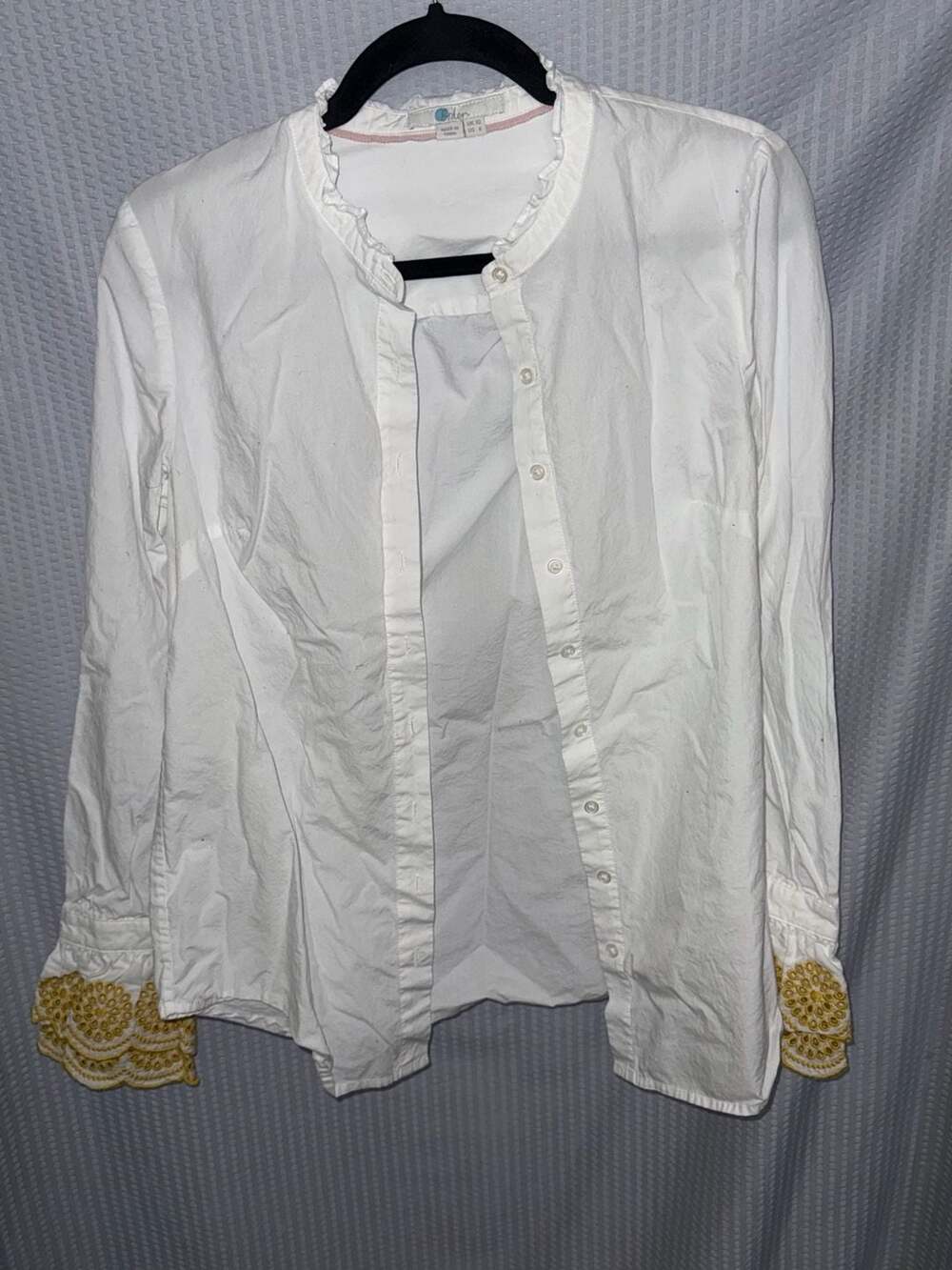 Boden White Button Down Shirt with Yellow Embroidered Cuffs Size US 6